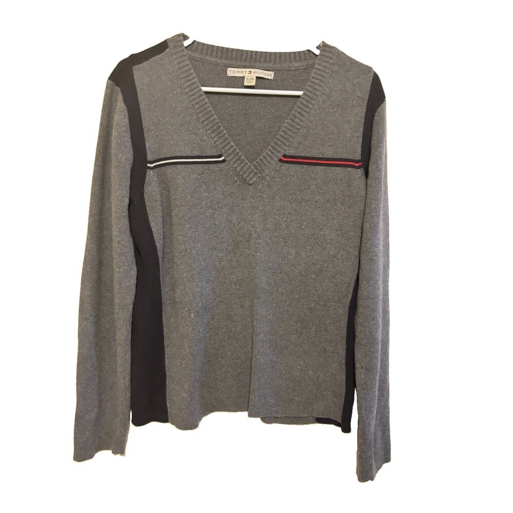 Tommy Hilfiger Womens Pullover Sweater Gray Ribbed Long Sleeve V Neck XL